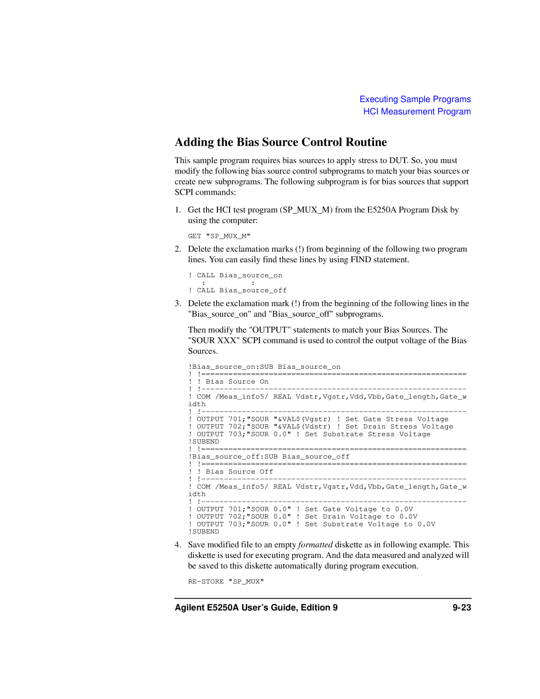 Agilent Technologies Agilent E5250A manual Adding the Bias Source Control Routine, Subend 