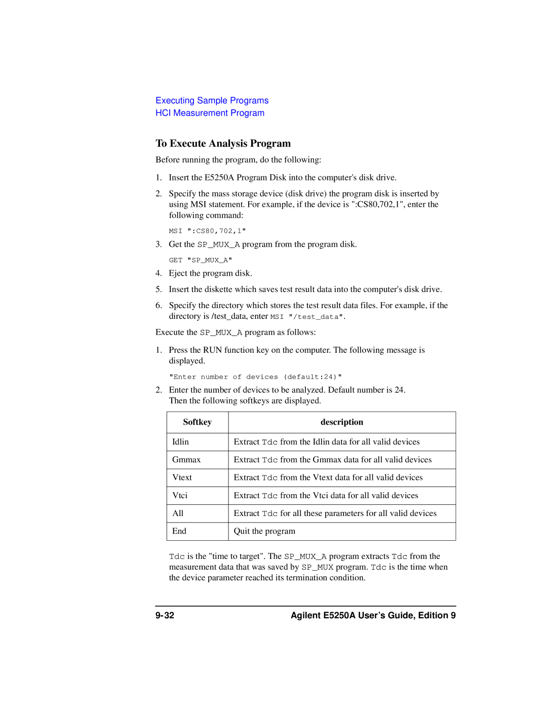 Agilent Technologies Agilent E5250A manual To Execute Analysis Program, Softkey Description 