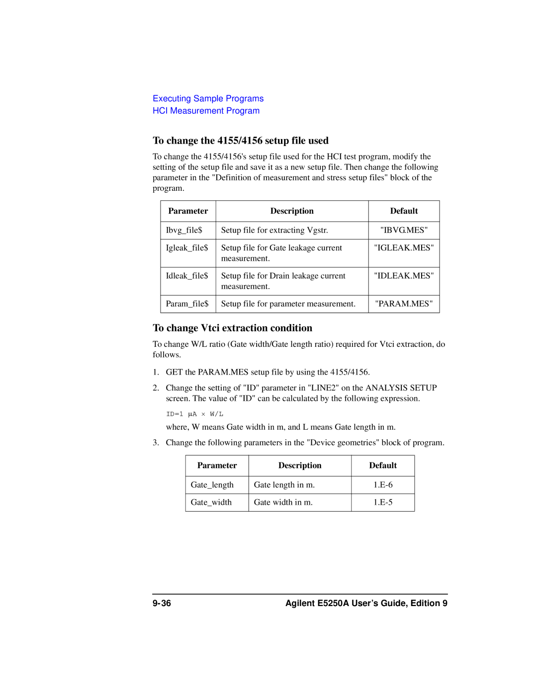 Agilent Technologies Agilent E5250A manual To change the 4155/4156 setup file used, To change Vtci extraction condition 