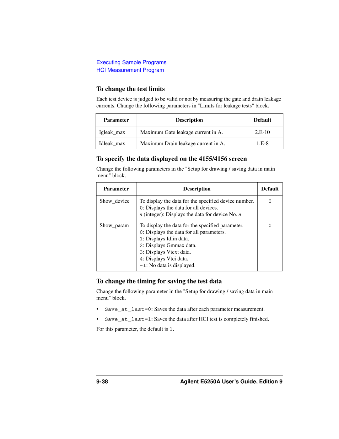 Agilent Technologies Agilent E5250A manual To change the test limits, To specify the data displayed on the 4155/4156 screen 