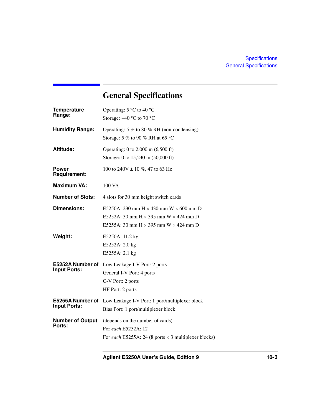 Agilent Technologies Agilent E5250A manual General Specifications, Dimensions 