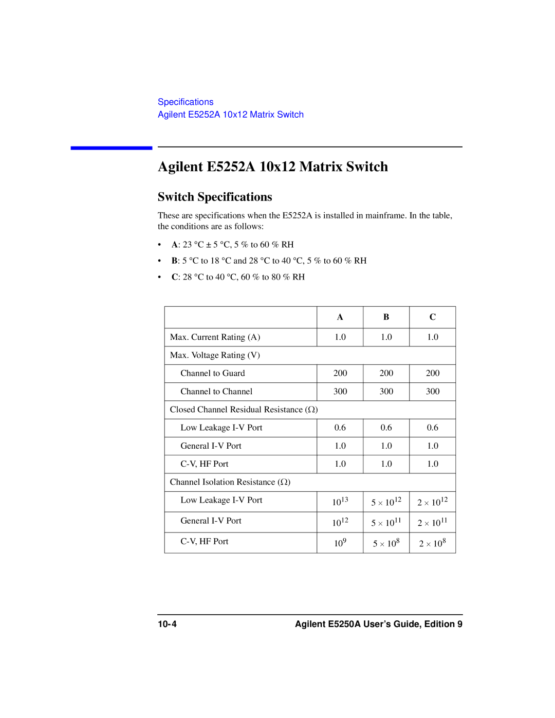 Agilent Technologies Agilent E5250A manual Agilent E5252A 10x12 Matrix Switch, Switch Specifications 