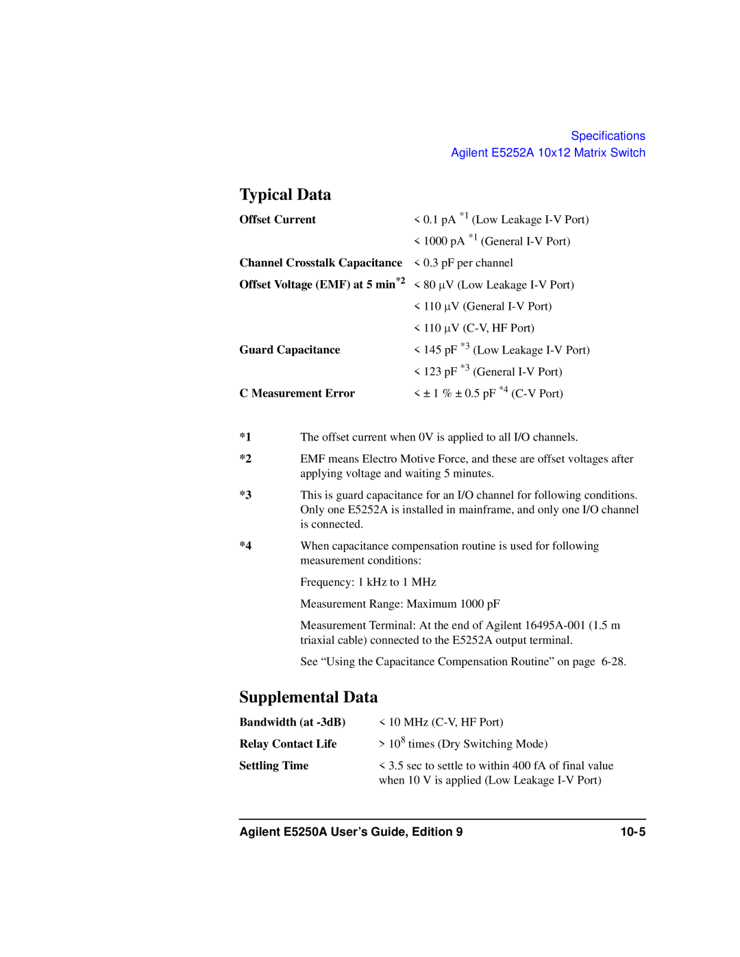 Agilent Technologies Agilent E5250A manual Typical Data, Supplemental Data 