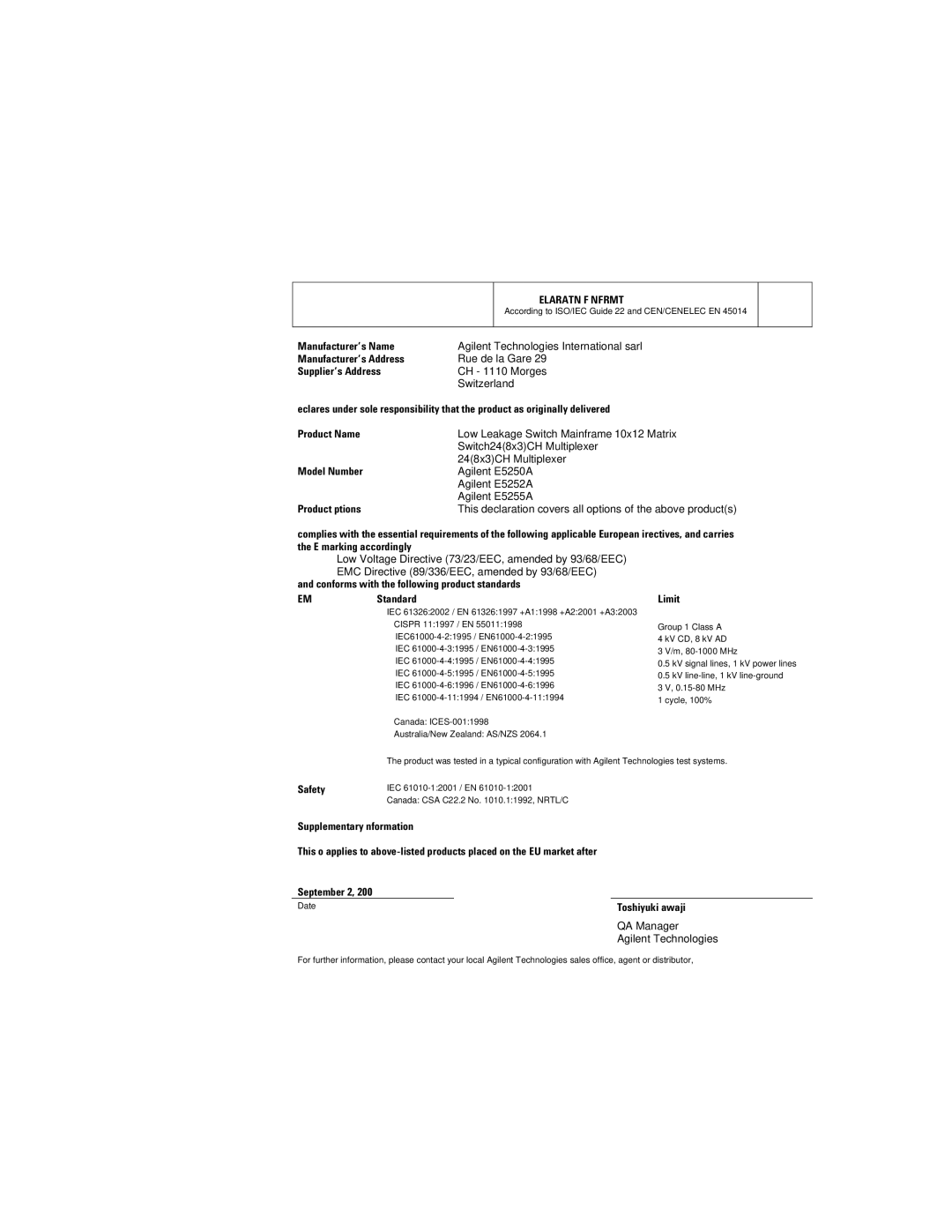 Agilent Technologies Agilent E5250A manual Declaration of Conformity 