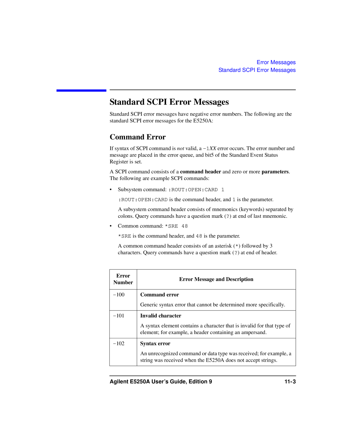 Agilent Technologies Agilent E5250A manual Standard Scpi Error Messages, Command Error 