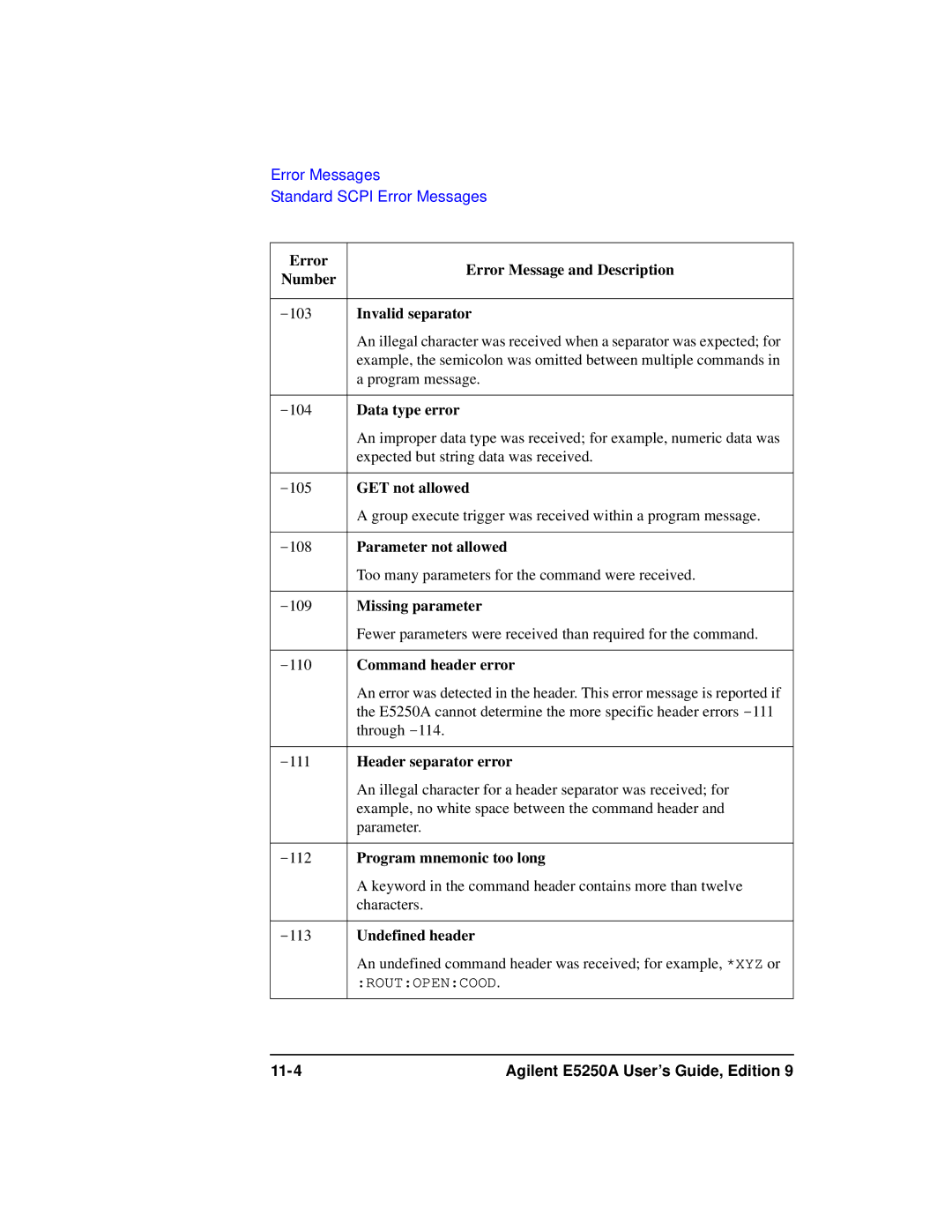 Agilent Technologies Agilent E5250A manual Invalid separator, Data type error, GET not allowed, Parameter not allowed 