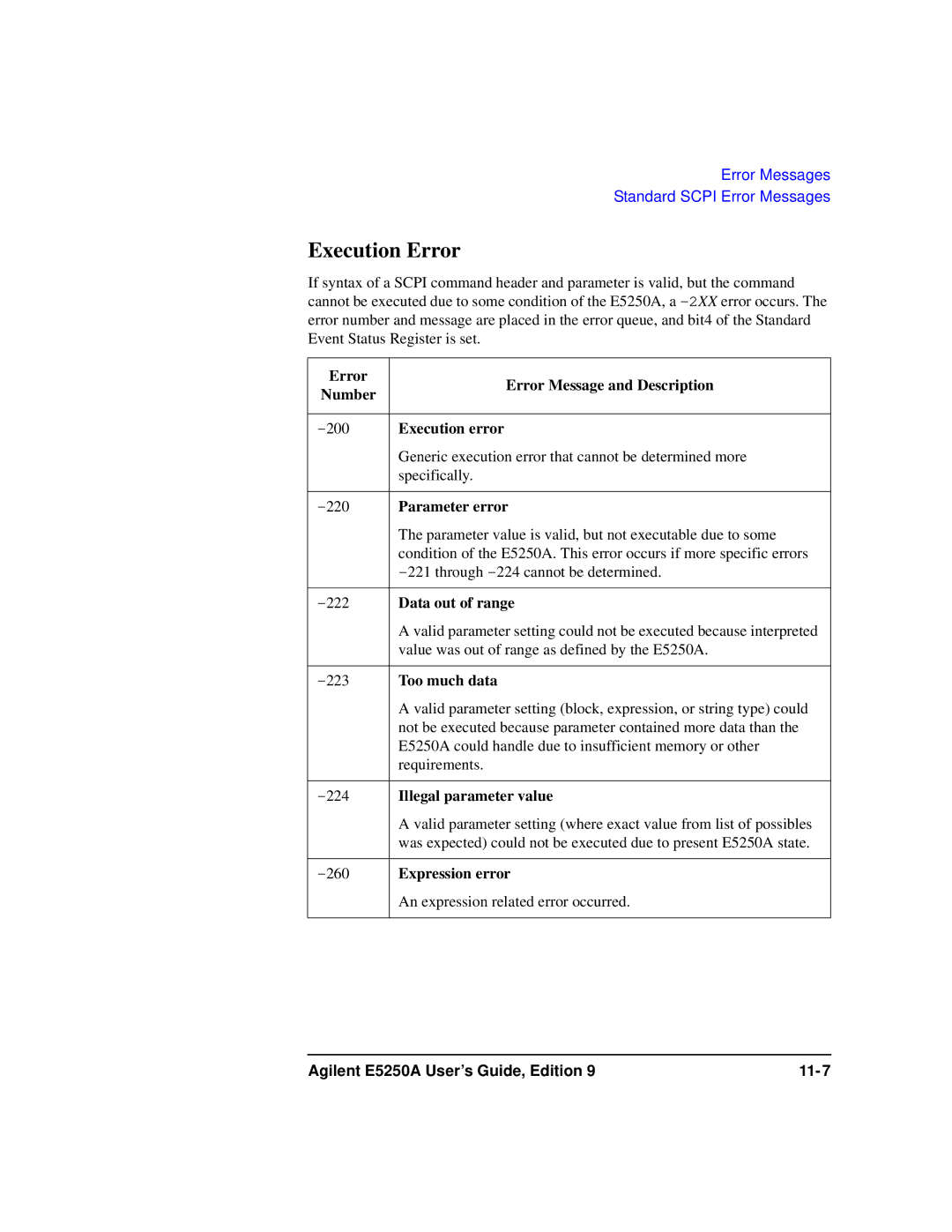 Agilent Technologies Agilent E5250A manual Execution Error 