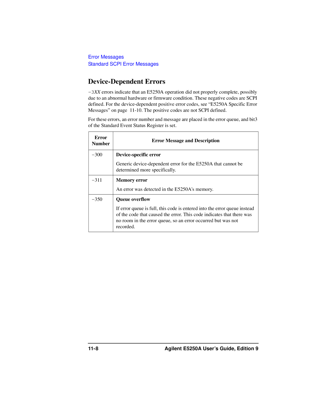 Agilent Technologies Agilent E5250A manual Device-Dependent Errors, Device-specific error, Memory error, Queue overflow 