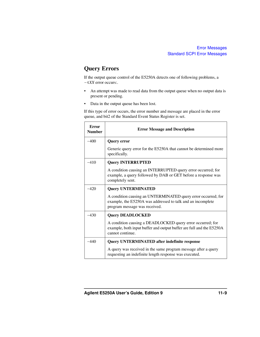 Agilent Technologies Agilent E5250A manual Query Errors 