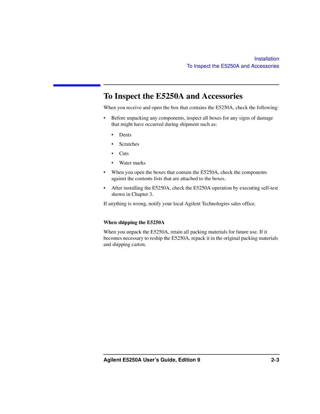 Agilent Technologies Agilent E5250A manual To Inspect the E5250A and Accessories, When shipping the E5250A 