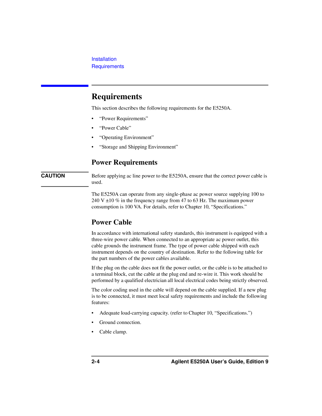 Agilent Technologies Agilent E5250A manual Power Requirements, Power Cable 