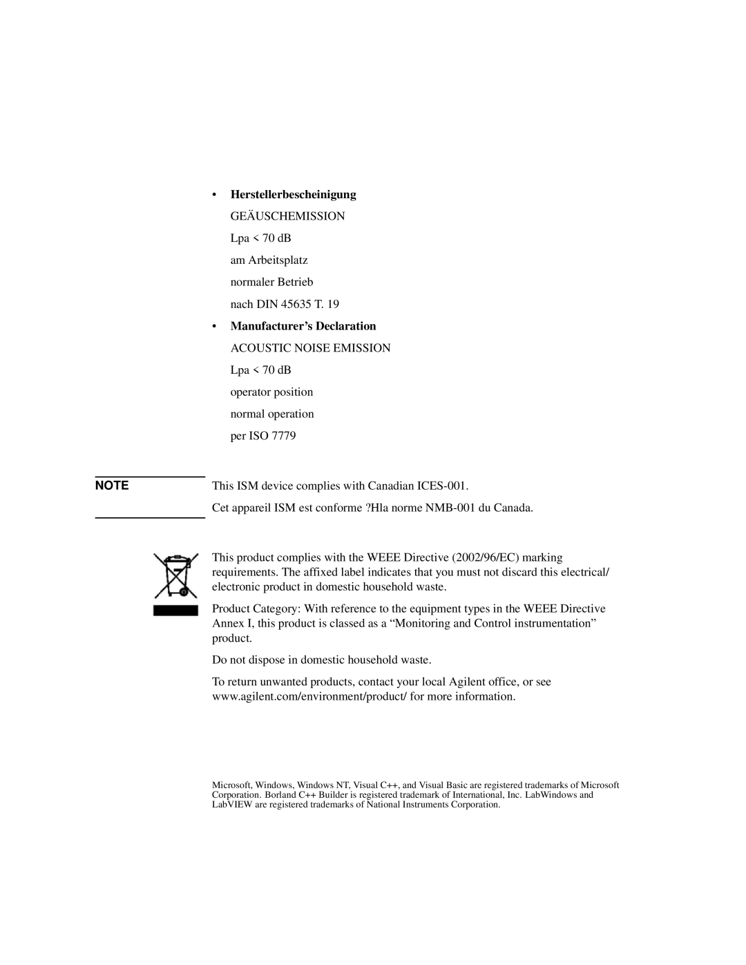 Agilent Technologies Agilent E5250A manual Herstellerbescheinigung, Manufacturer’s Declaration 