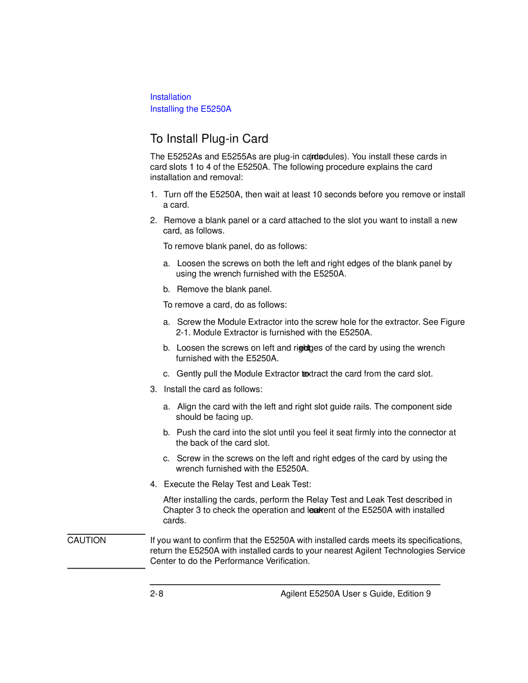 Agilent Technologies Agilent E5250A manual To Install Plug-in Card 