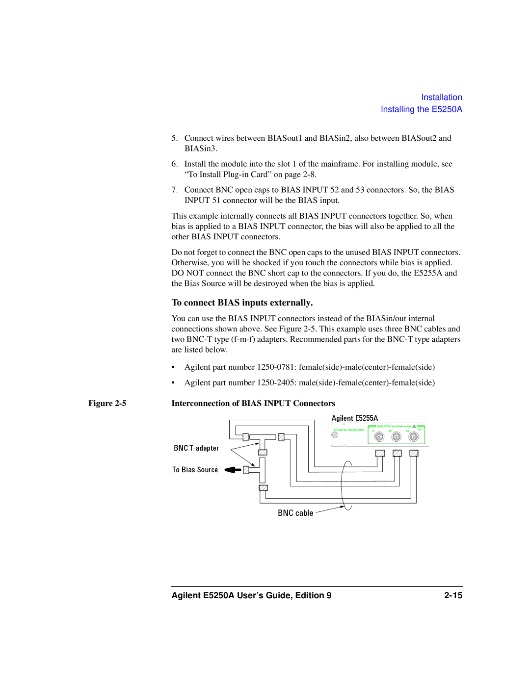 Agilent Technologies Agilent E5250A manual To connect Bias inputs externally, Interconnection of Bias Input Connectors 