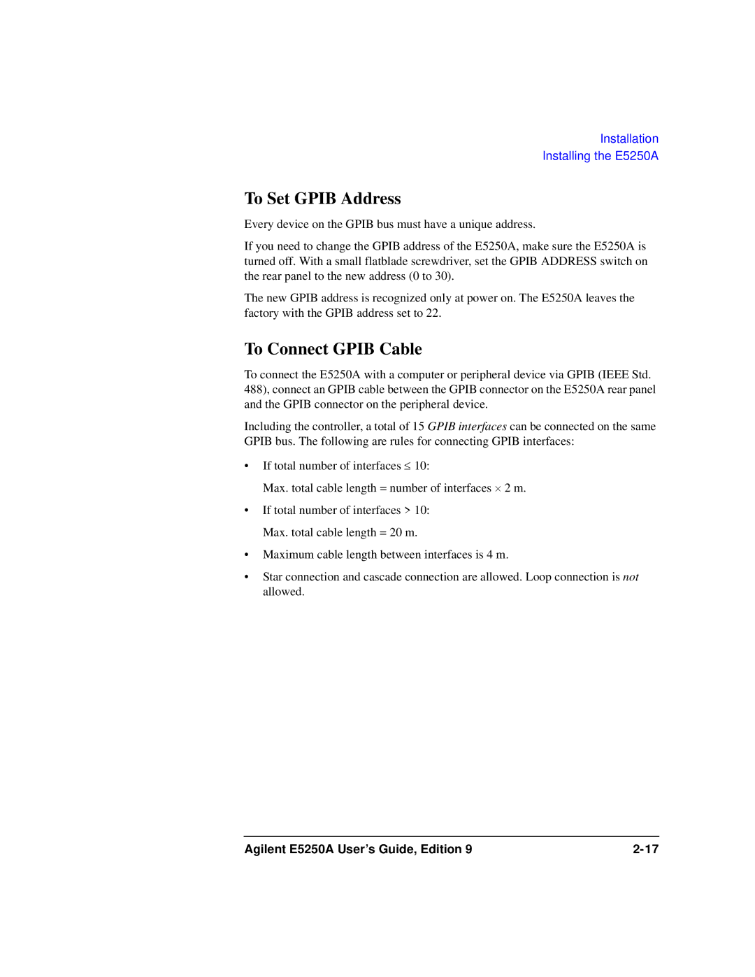 Agilent Technologies Agilent E5250A manual To Set Gpib Address, To Connect Gpib Cable 