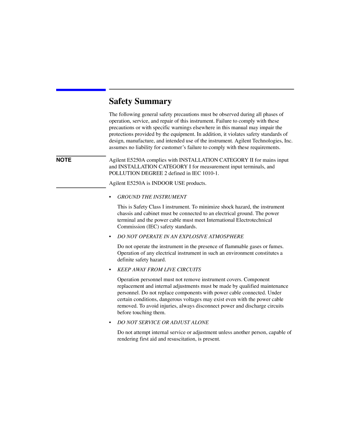 Agilent Technologies Agilent E5250A manual Safety Summary, Ground the Instrument 