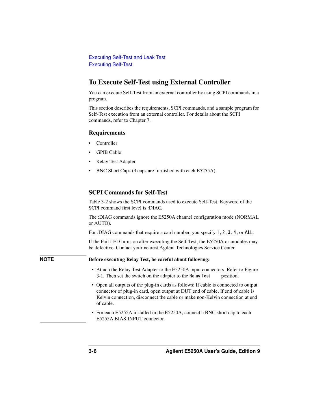 Agilent Technologies Agilent E5250A manual To Execute Self-Test using External Controller, Requirements 