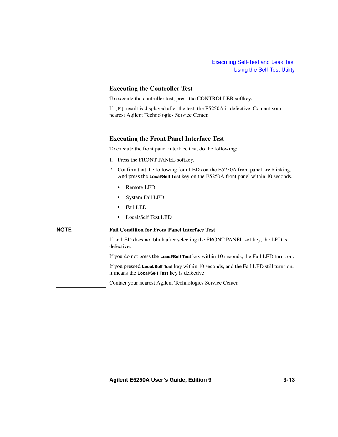 Agilent Technologies Agilent E5250A manual Executing the Front Panel Interface Test 