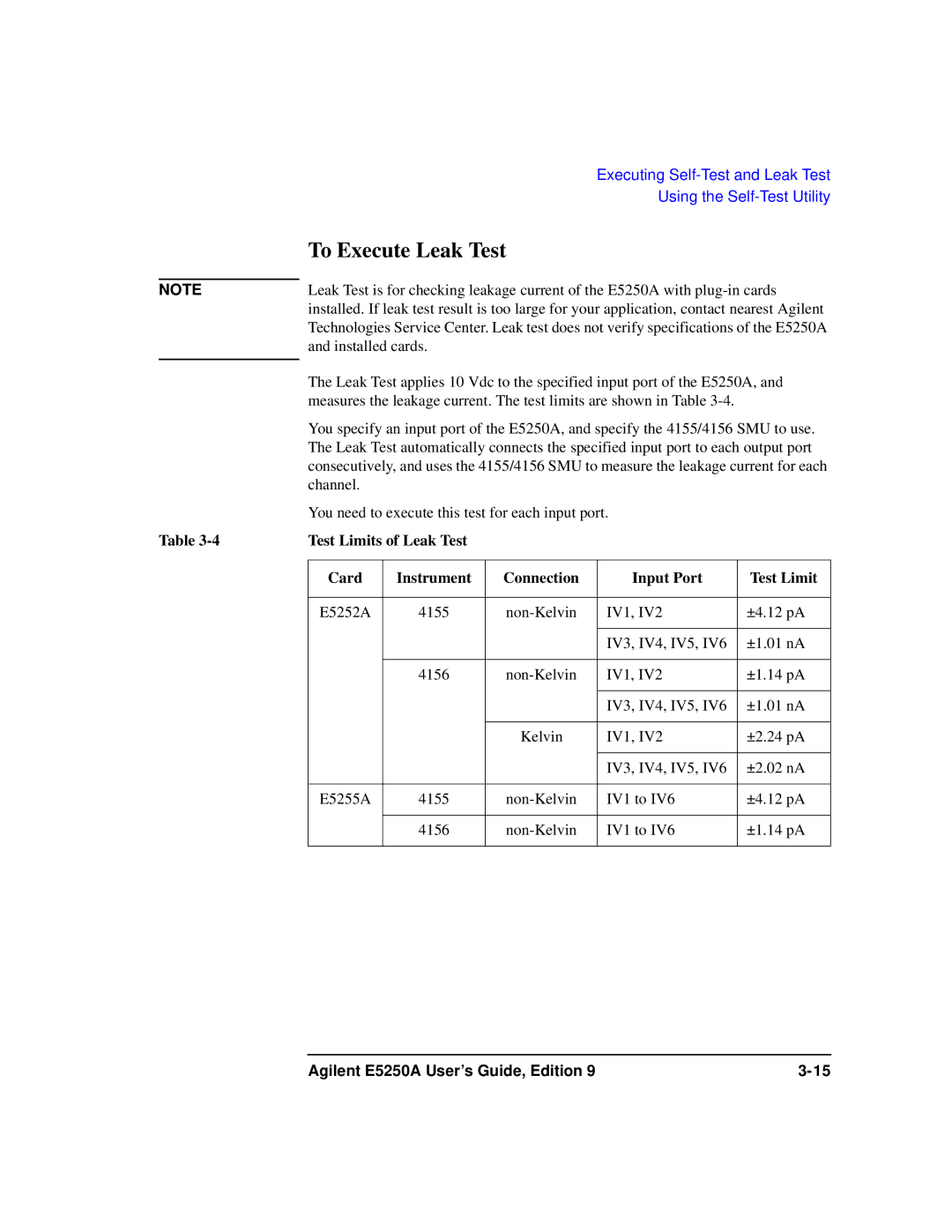 Agilent Technologies Agilent E5250A manual To Execute Leak Test 