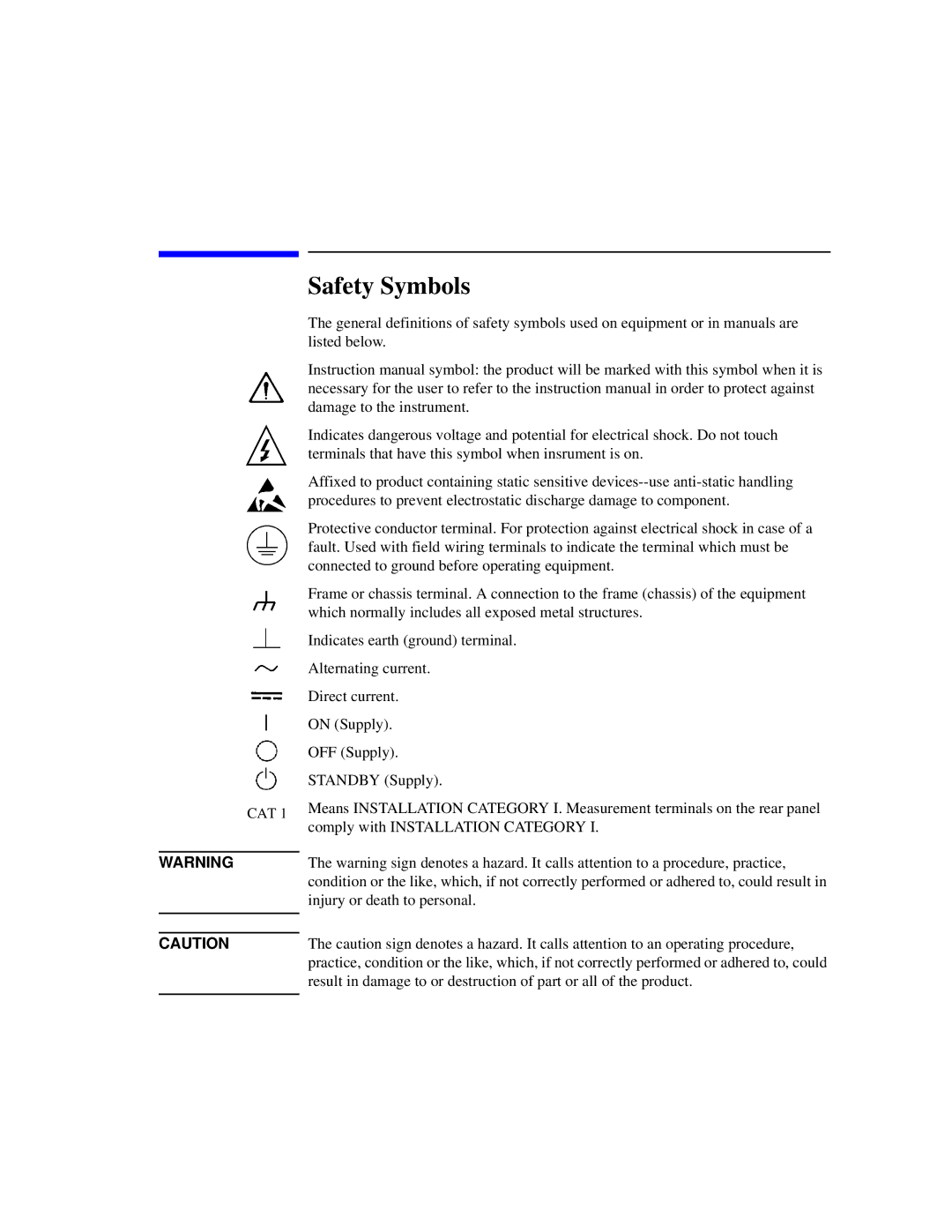 Agilent Technologies Agilent E5250A manual Safety Symbols, Cat 