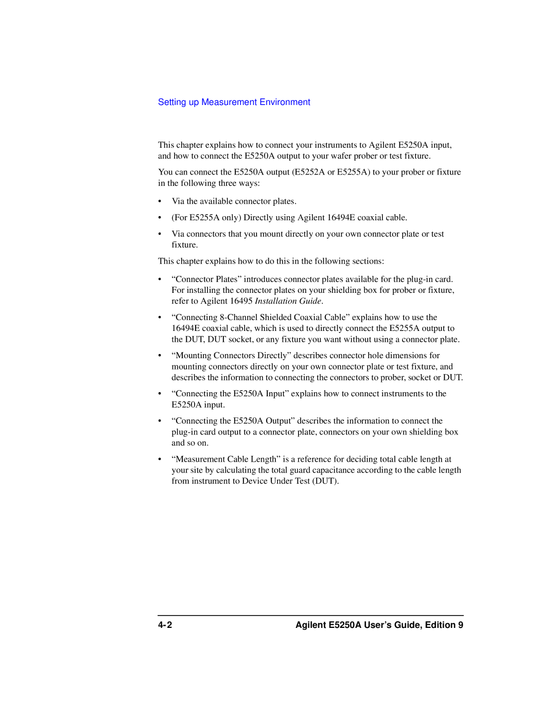 Agilent Technologies Agilent E5250A manual Setting up Measurement Environment 