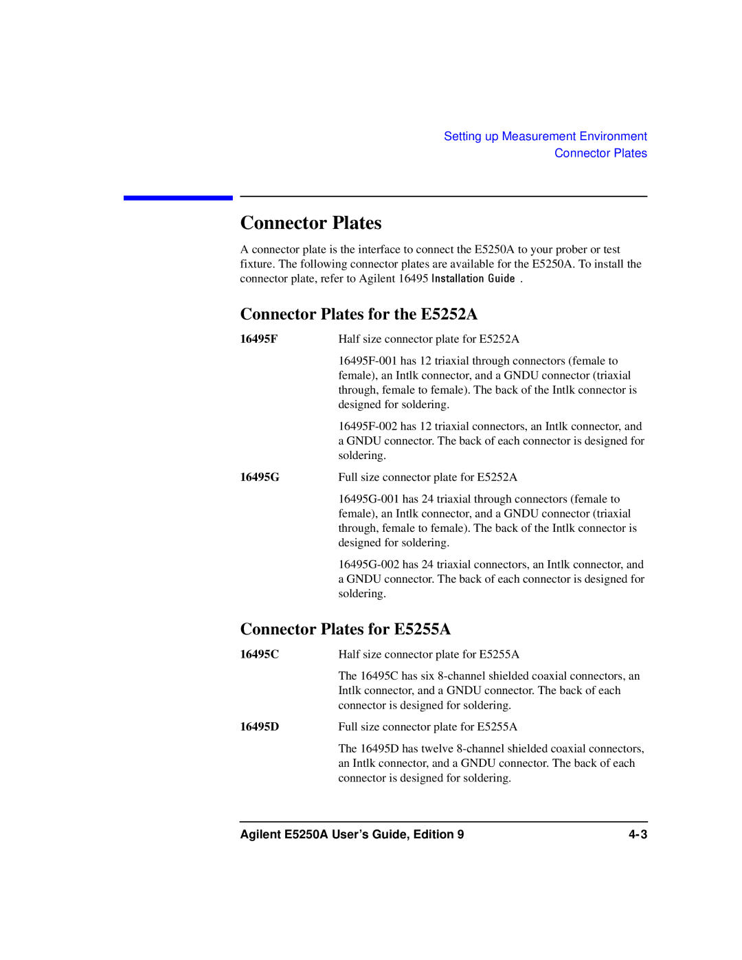 Agilent Technologies Agilent E5250A manual Connector Plates for the E5252A, Connector Plates for E5255A 