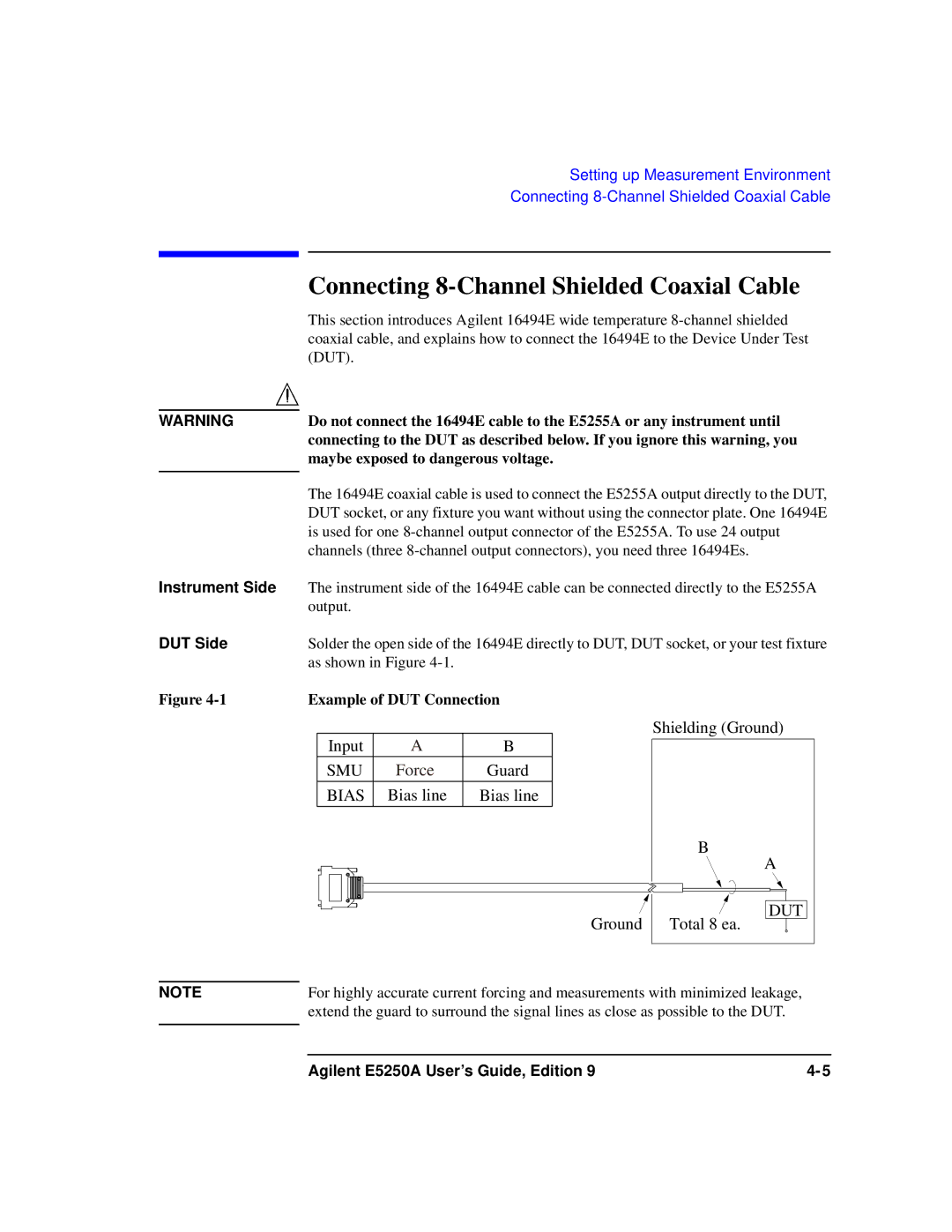 Agilent Technologies Agilent E5250A manual Connecting 8-Channel Shielded Coaxial Cable, Example of DUT Connection 