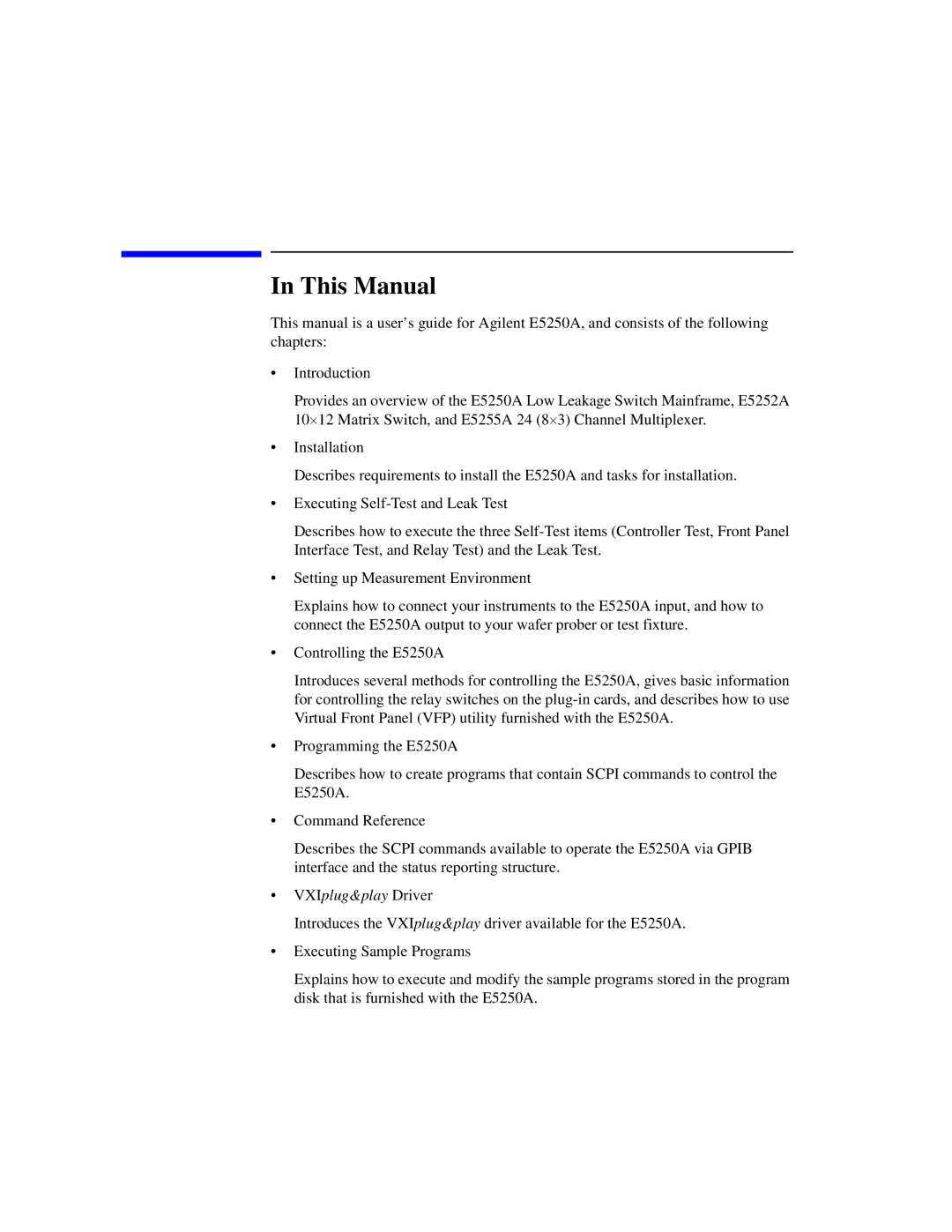 Agilent Technologies Agilent E5250A manual This Manual, VXIplug&play Driver 