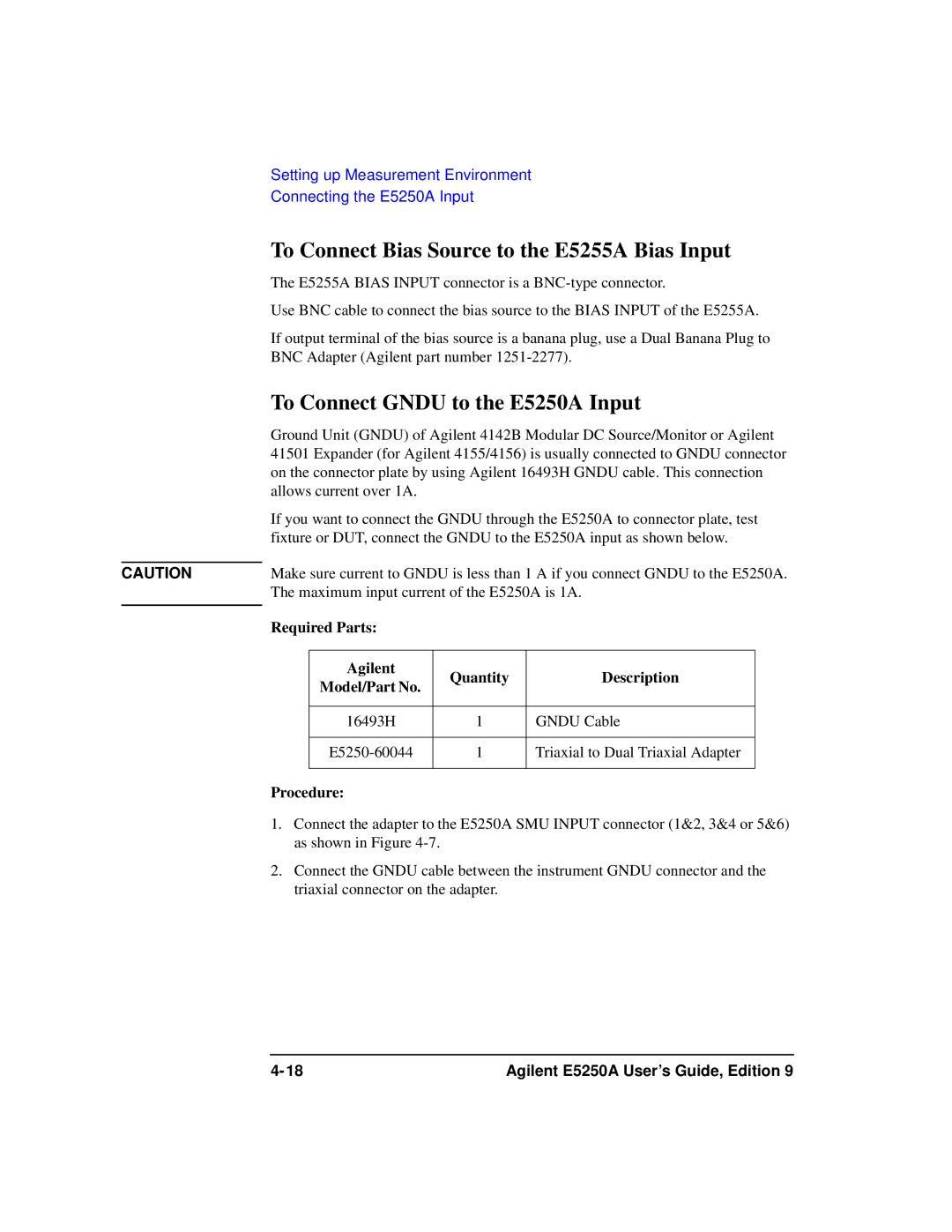 Agilent Technologies Agilent E5250A To Connect Bias Source to the E5255A Bias Input, To Connect Gndu to the E5250A Input 