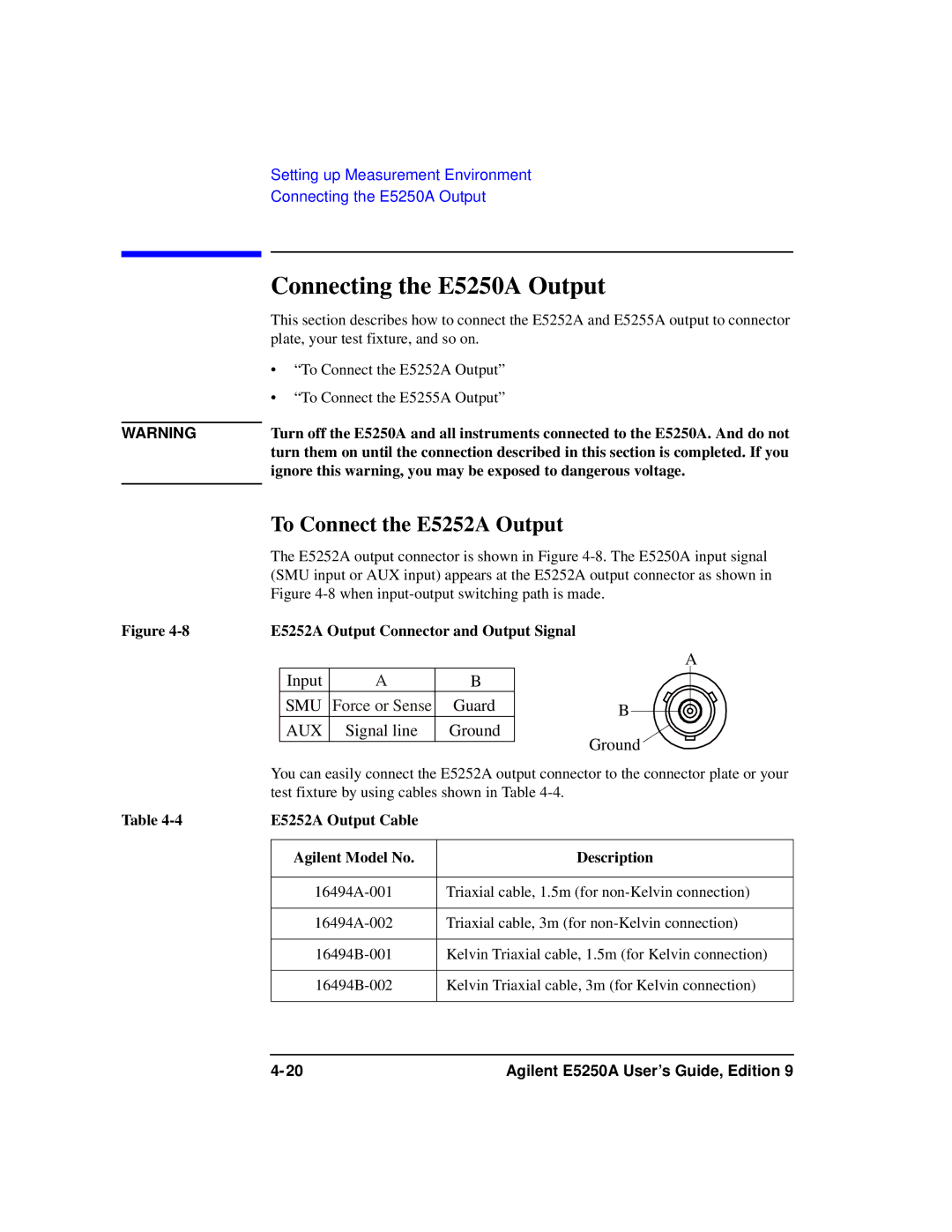 Agilent Technologies Agilent E5250A manual Connecting the E5250A Output, To Connect the E5252A Output 