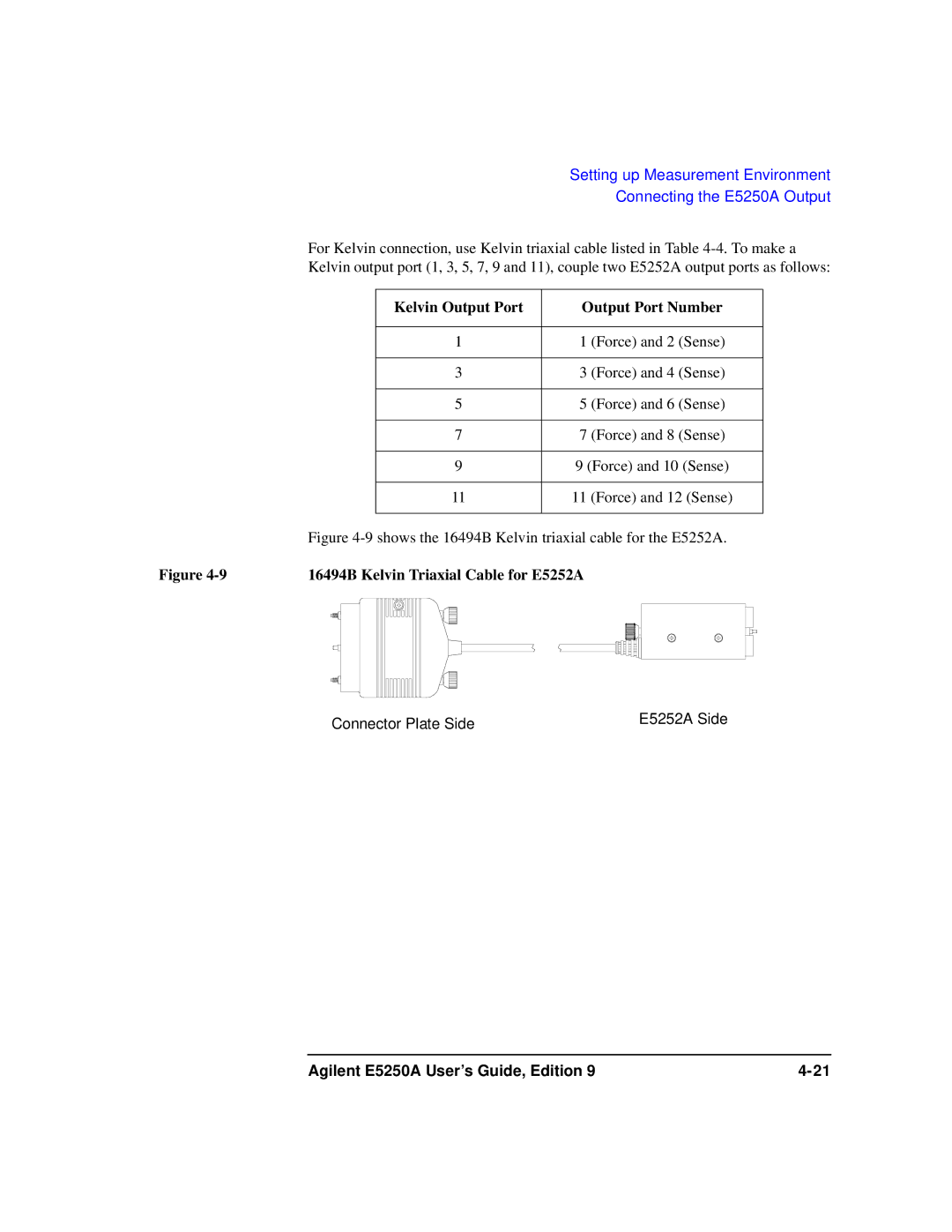 Agilent Technologies Agilent E5250A manual Kelvin Output Port Output Port Number, 16494B Kelvin Triaxial Cable for E5252A 