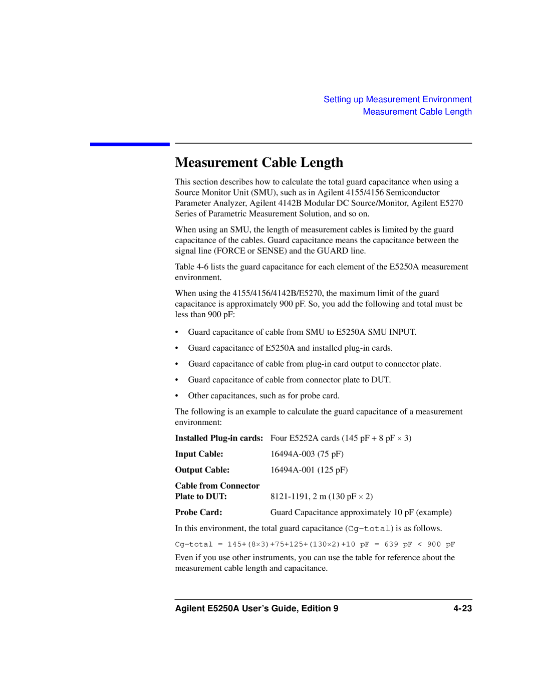 Agilent Technologies Agilent E5250A manual Measurement Cable Length 