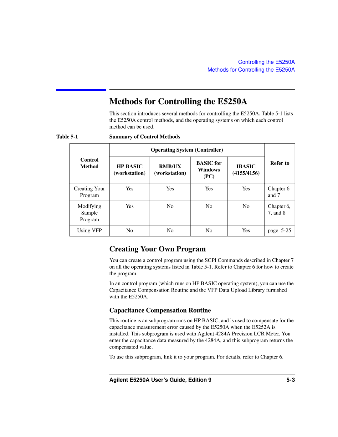 Agilent Technologies Agilent E5250A Methods for Controlling the E5250A, Creating Your Own Program, Windows Workstation 