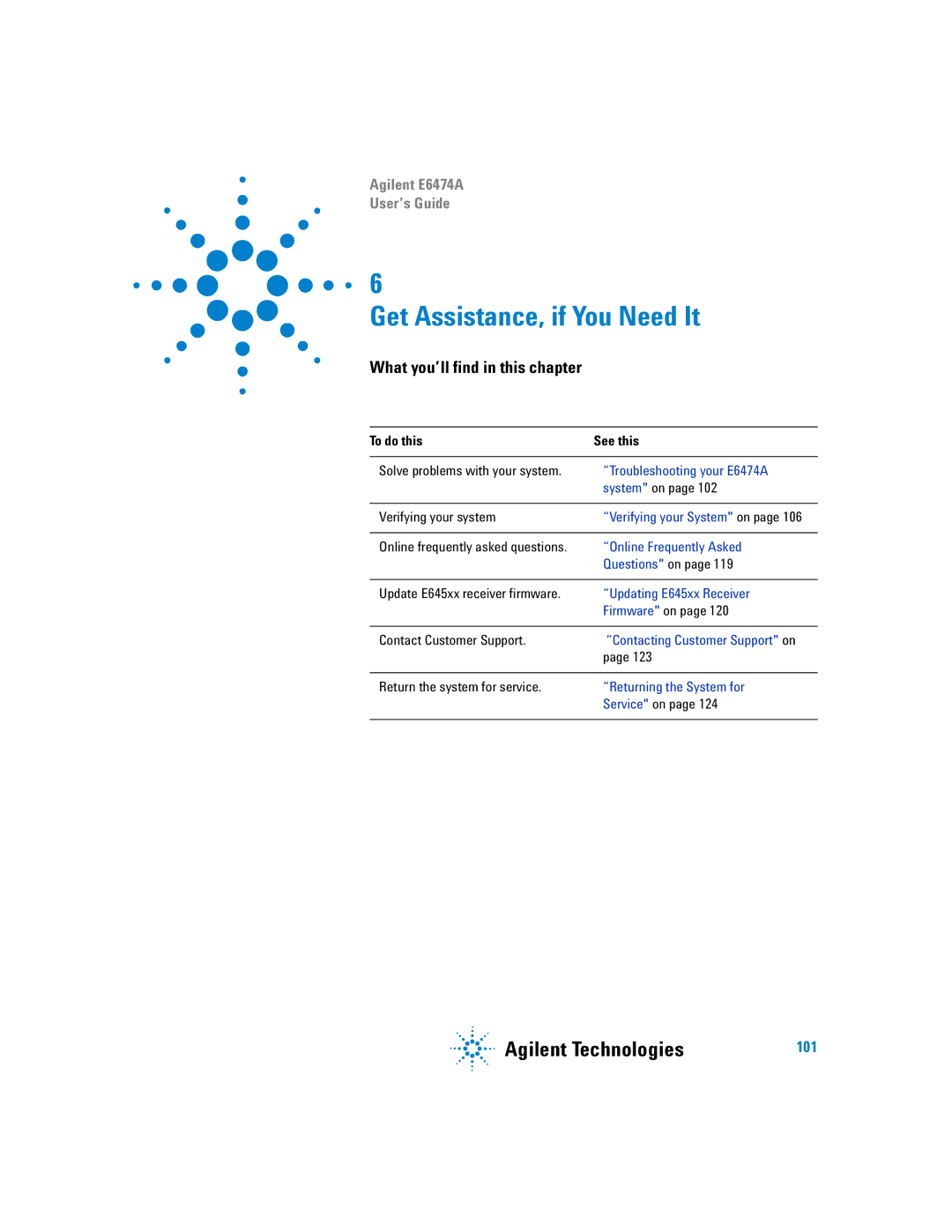 Agilent Technologies Agilent E6474A manual Solve problems with your system, System on, Update E645xx receiver firmware 