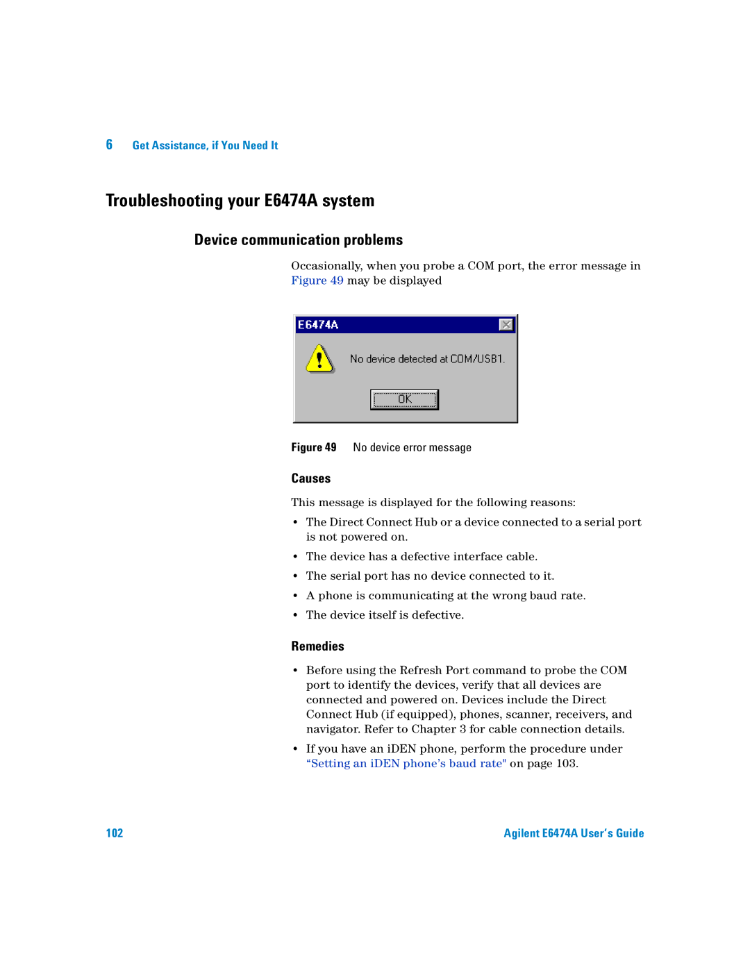 Agilent Technologies Agilent E6474A Troubleshooting your E6474A system, Device communication problems, Causes, Remedies 