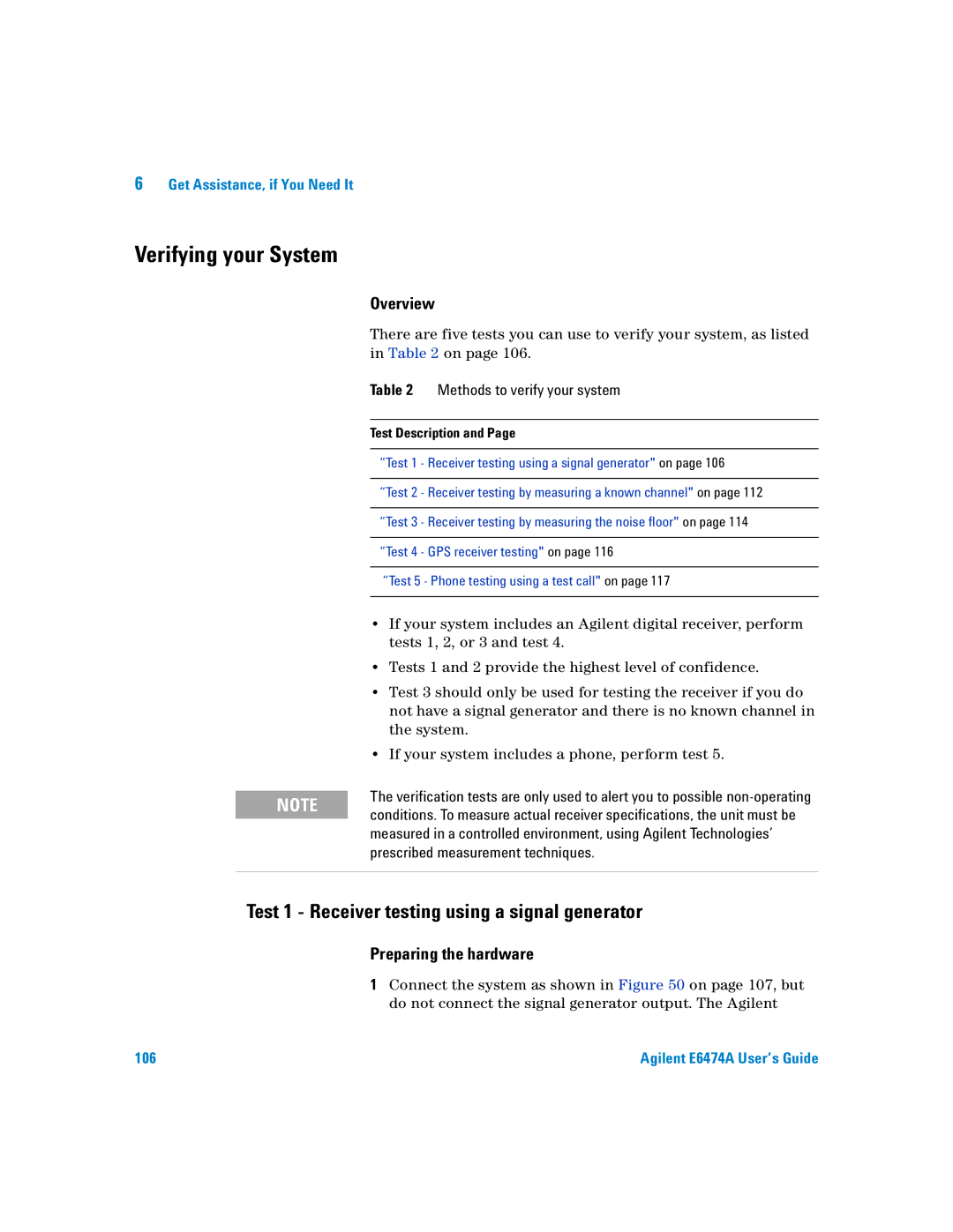 Agilent Technologies Agilent E6474A Verifying your System, Test 1 Receiver testing using a signal generator, Overview 