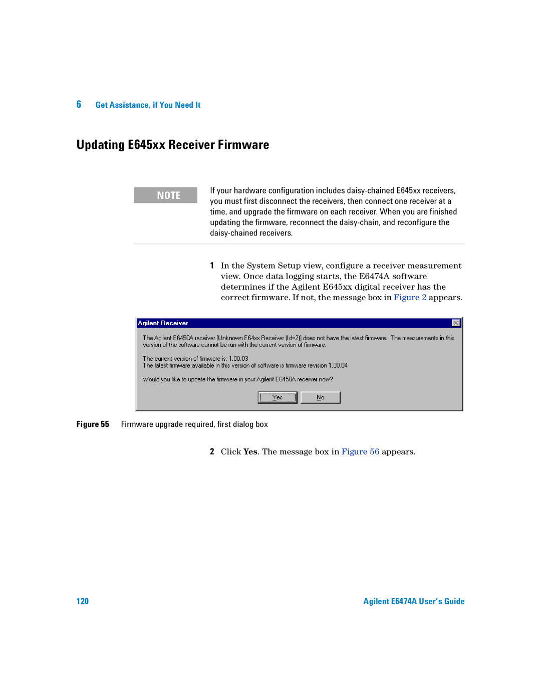 Agilent Technologies Agilent E6474A manual Updating E645xx Receiver Firmware, Firmware upgrade required, first dialog box 