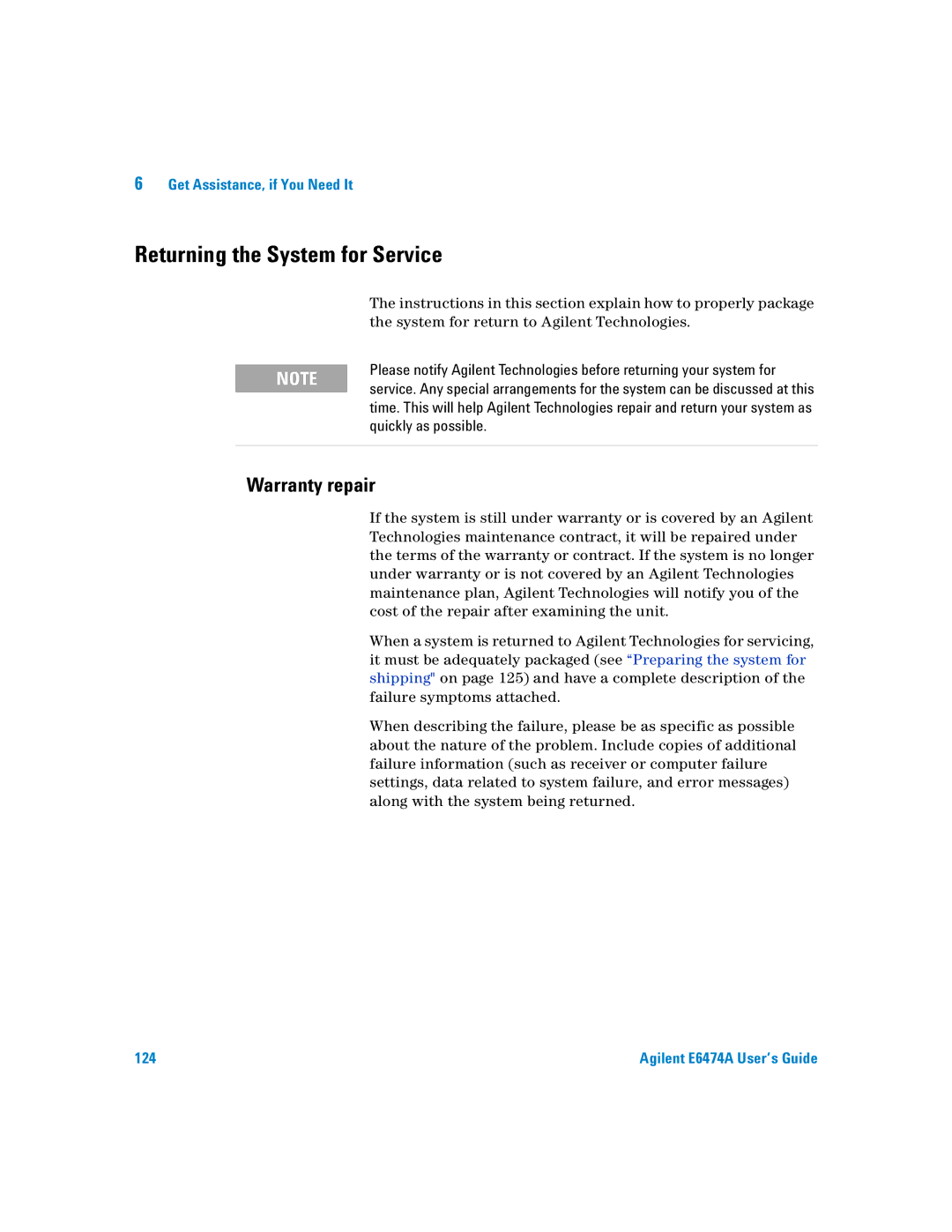 Agilent Technologies Agilent E6474A manual Returning the System for Service, Warranty repair 