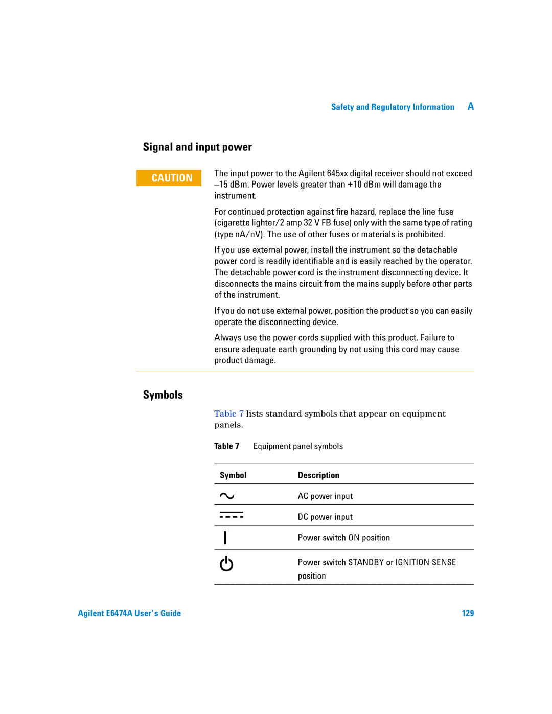 Agilent Technologies Agilent E6474A manual Productdamage, Signal and input power Symbols 