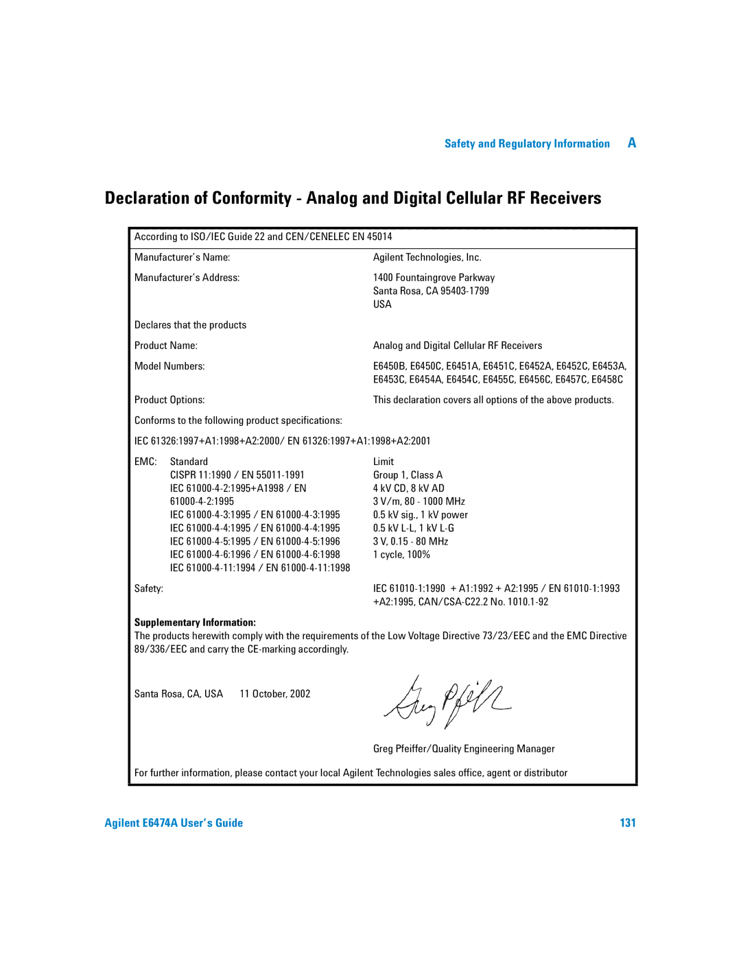 Agilent Technologies Agilent E6474A manual Supplementary Information 