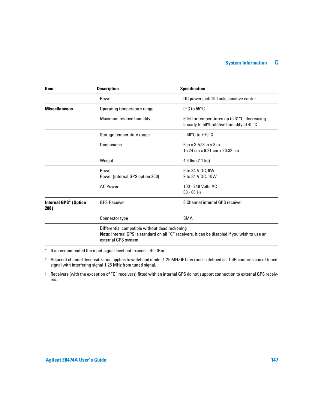 Agilent Technologies Agilent E6474A manual Description Specification, Miscellaneous, Internal GPS‡ Option 