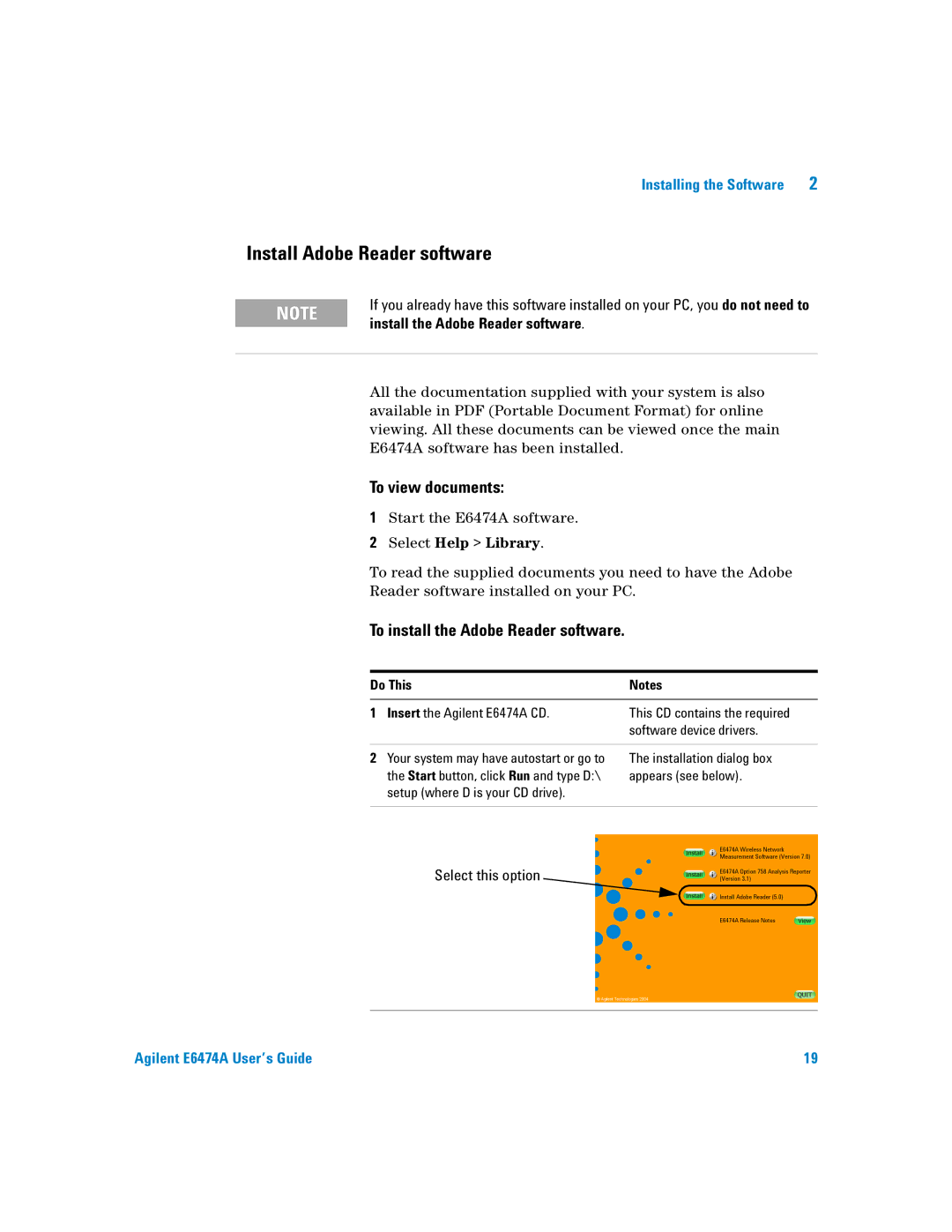 Agilent Technologies Agilent E6474A Install Adobe Reader software, To view documents, To install the Adobe Reader software 