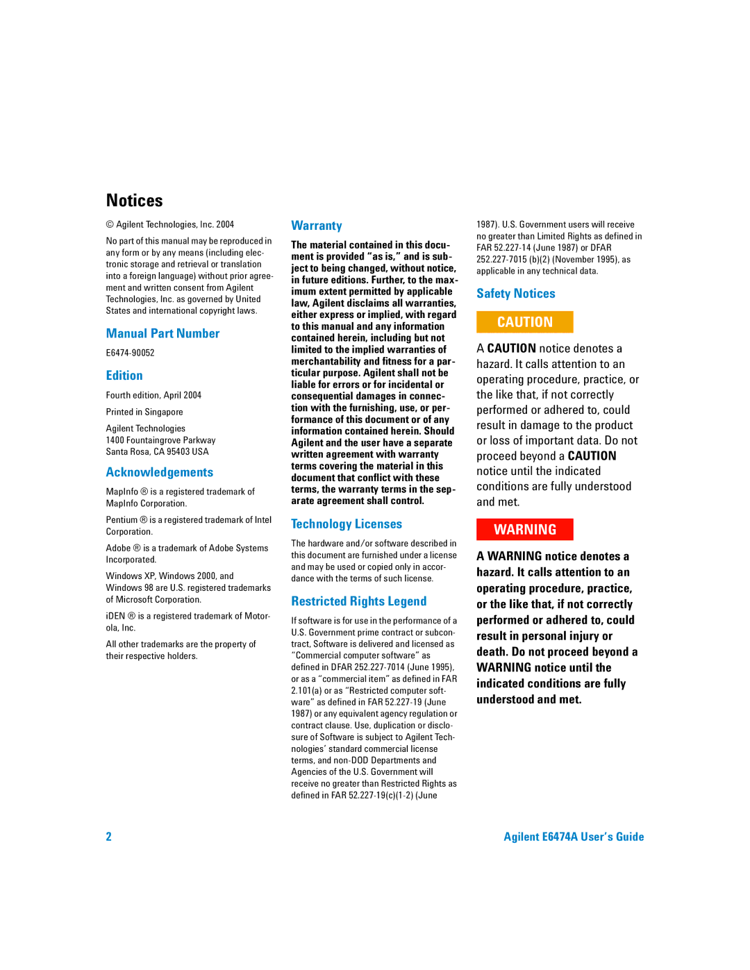 Agilent Technologies Agilent E6474A manual Manual Part Number 