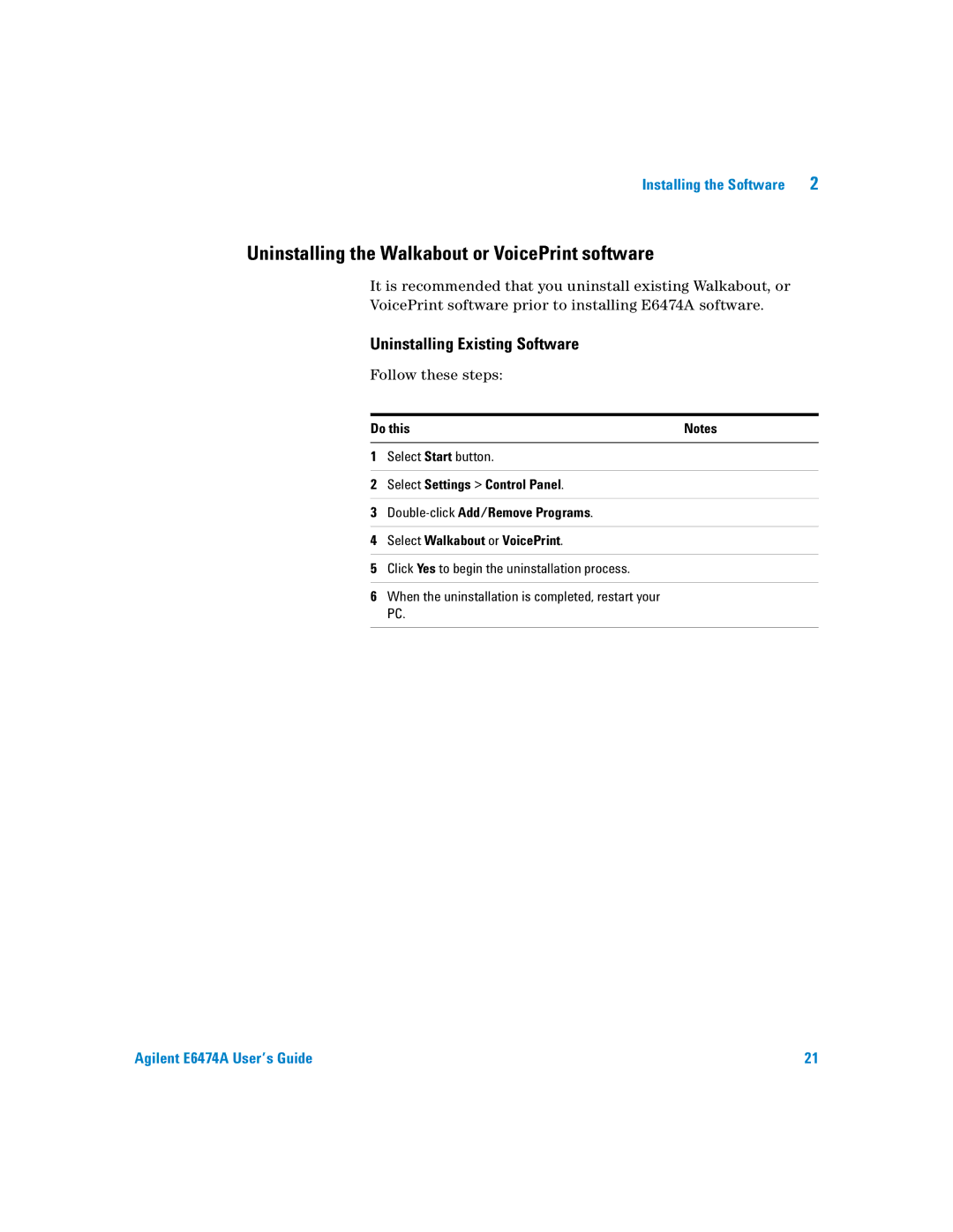 Agilent Technologies Agilent E6474A Uninstalling the Walkabout or VoicePrint software, Uninstalling Existing Software 