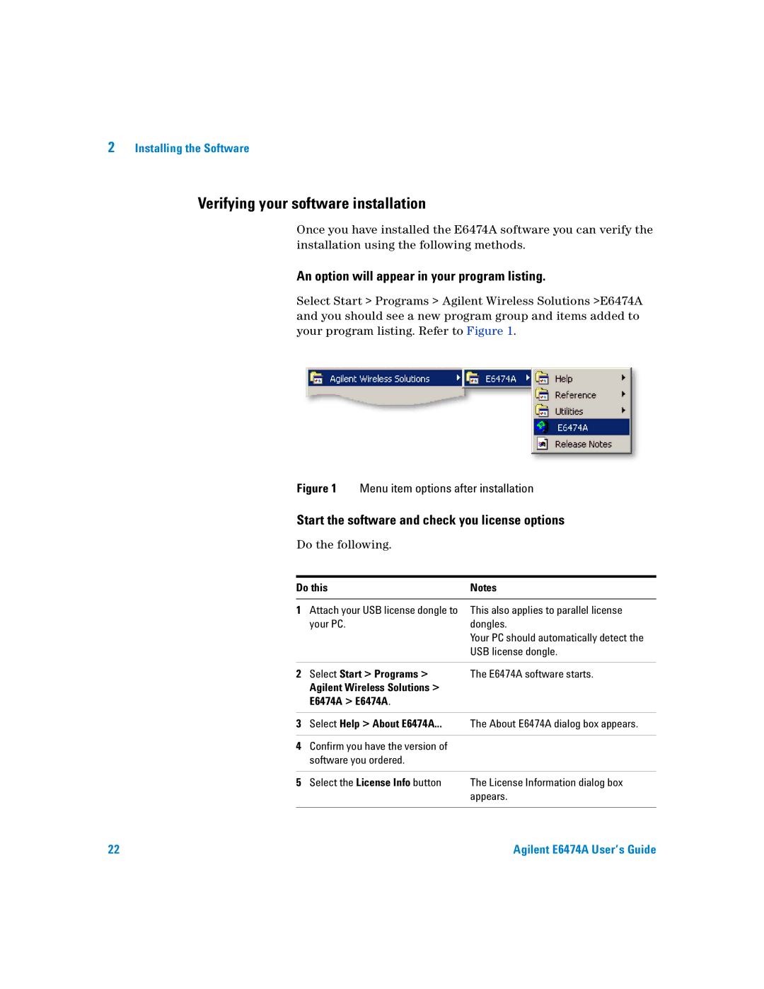 Agilent Technologies Agilent E6474A Verifying your software installation, An option will appear in your program listing 