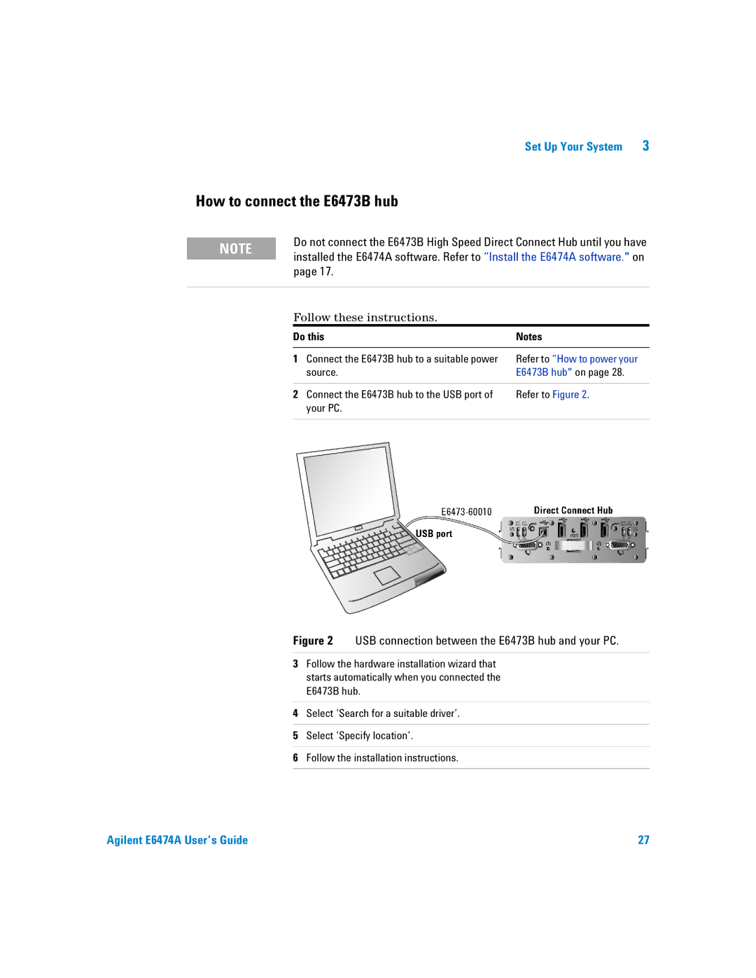 Agilent Technologies Agilent E6474A manual How to connect the E6473B hub, Source, Refer to Figure, Your PC 