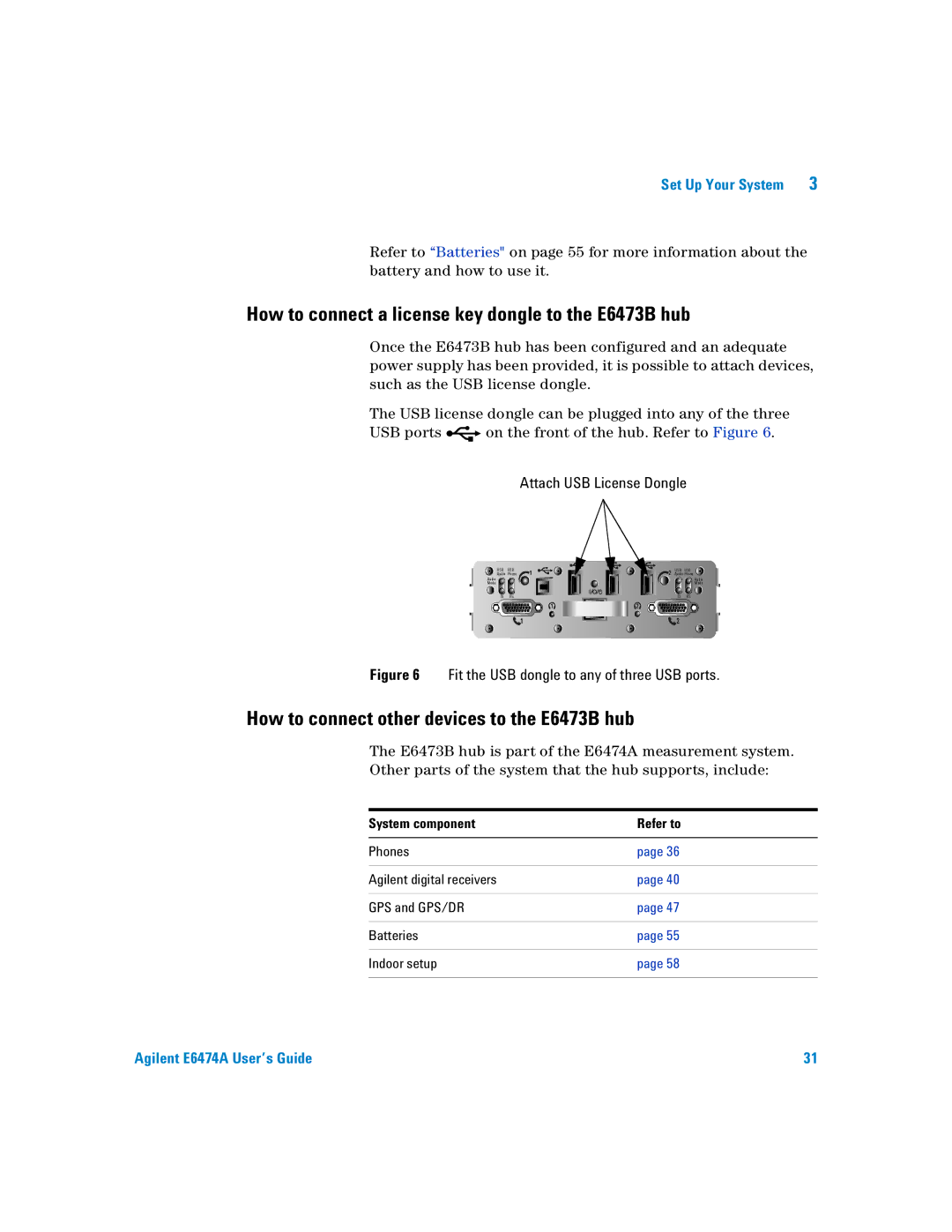 Agilent Technologies Agilent E6474A manual How to connect a license key dongle to the E6473B hub, System component Refer to 