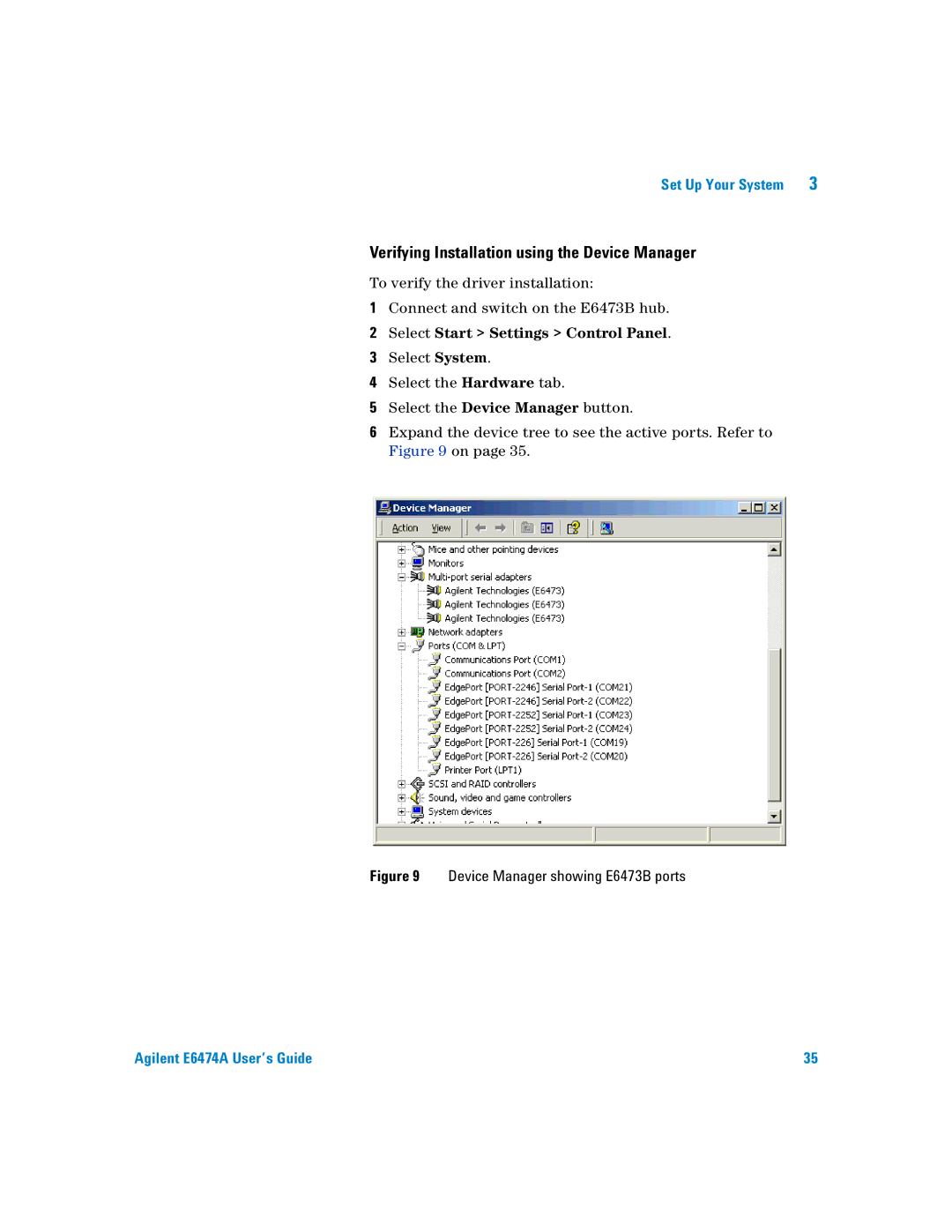 Agilent Technologies Agilent E6474A Verifying Installation using the Device Manager, Select Start Settings Control Panel 