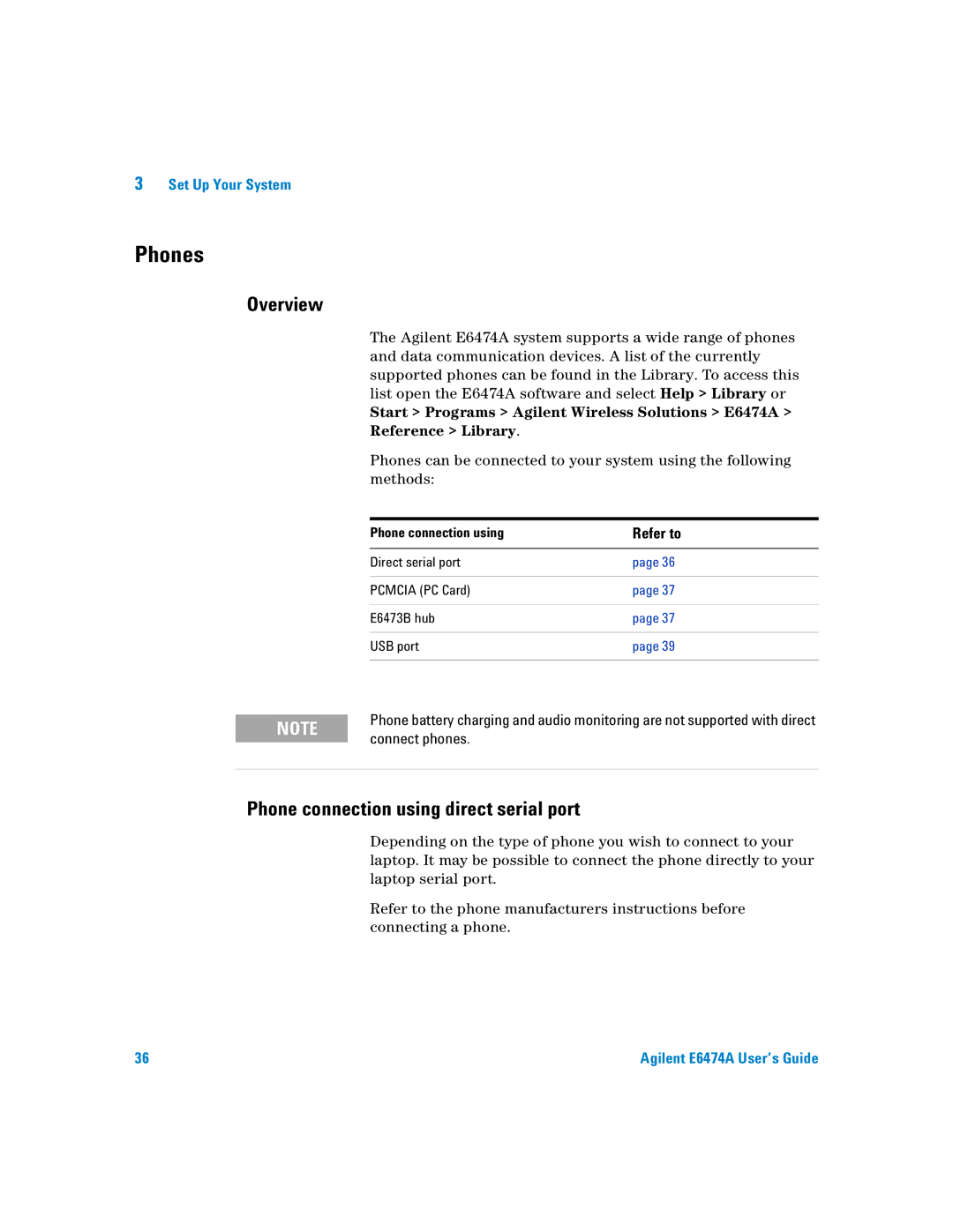 Agilent Technologies Agilent E6474A manual Phones, Phone connection using direct serial port 