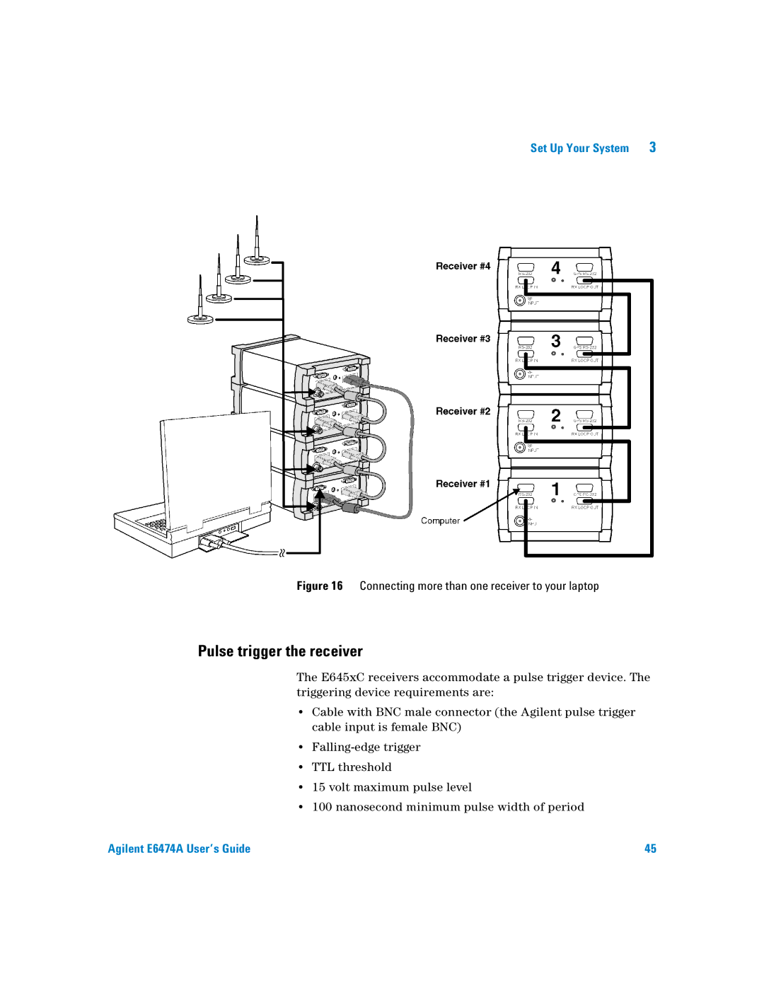 Agilent Technologies Agilent E6474A manual Pulse trigger the receiver, Connecting more than one receiver to your laptop 